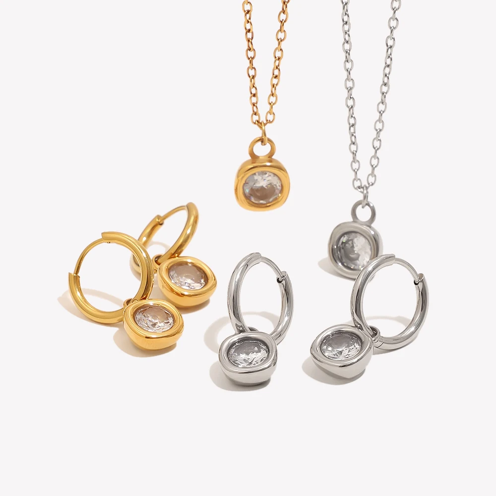 E.B.belle 18K Gold Plated Round CZ Hoop Earrings Necklace Sets Hypoallergenic Stainless Steel Jewelry Set Fashion Accessories