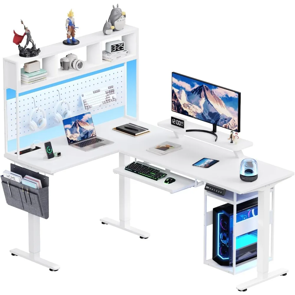 

Electric L Shaped Standing Desk Adjustable Height, 67" x 47" Corner Computer Desk with Host Shelf, Gaming Desk with LED Lights &