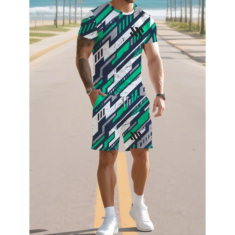 2025 Creative Casual Round Neck Short Sleeve Shorts Set Summer New Trend Retro Men's Fashion T-shirt 3D Digital Printing