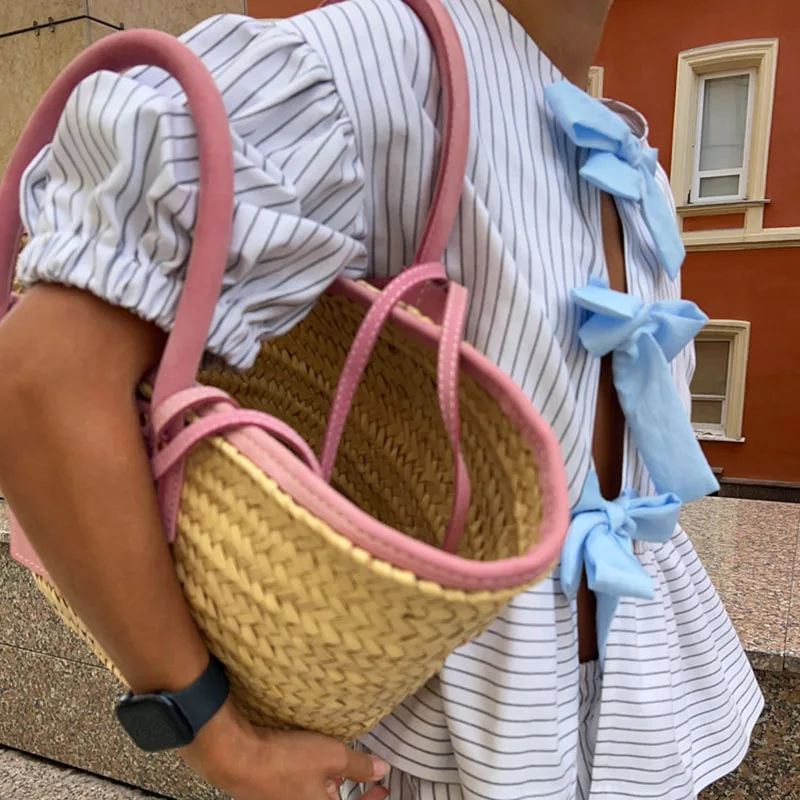 

Spring Contrast Bowknot Hollow Set Women's Sexy O Neck Short Sleeve T-shirt & High Waist Shorts Outfit Summer Striped Print Suit