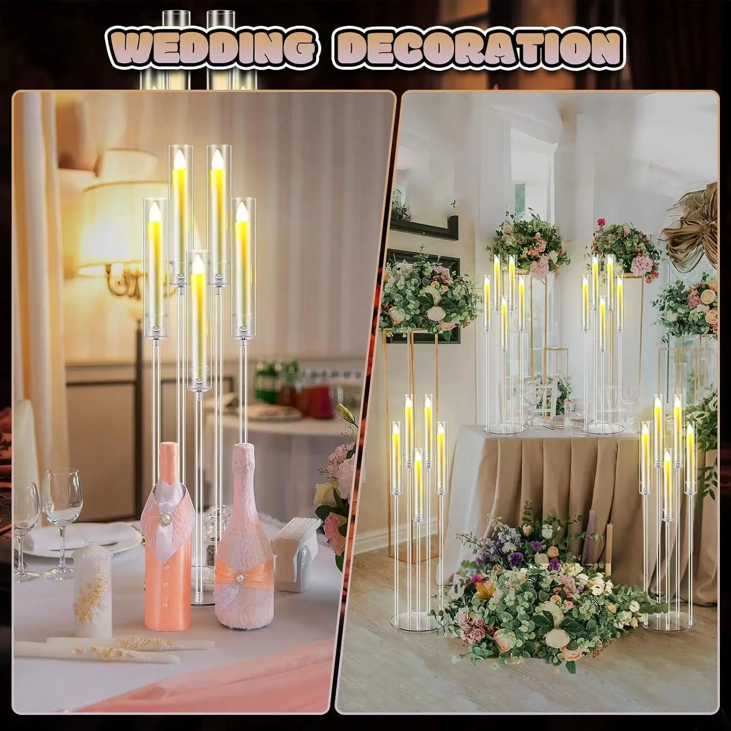 12PCS Acrylic 5 Arm Candelabra with 60pcs LED Candle for Wedding Clear Floor Candelabra Candlestick Holder for Table Centerpiece view 3