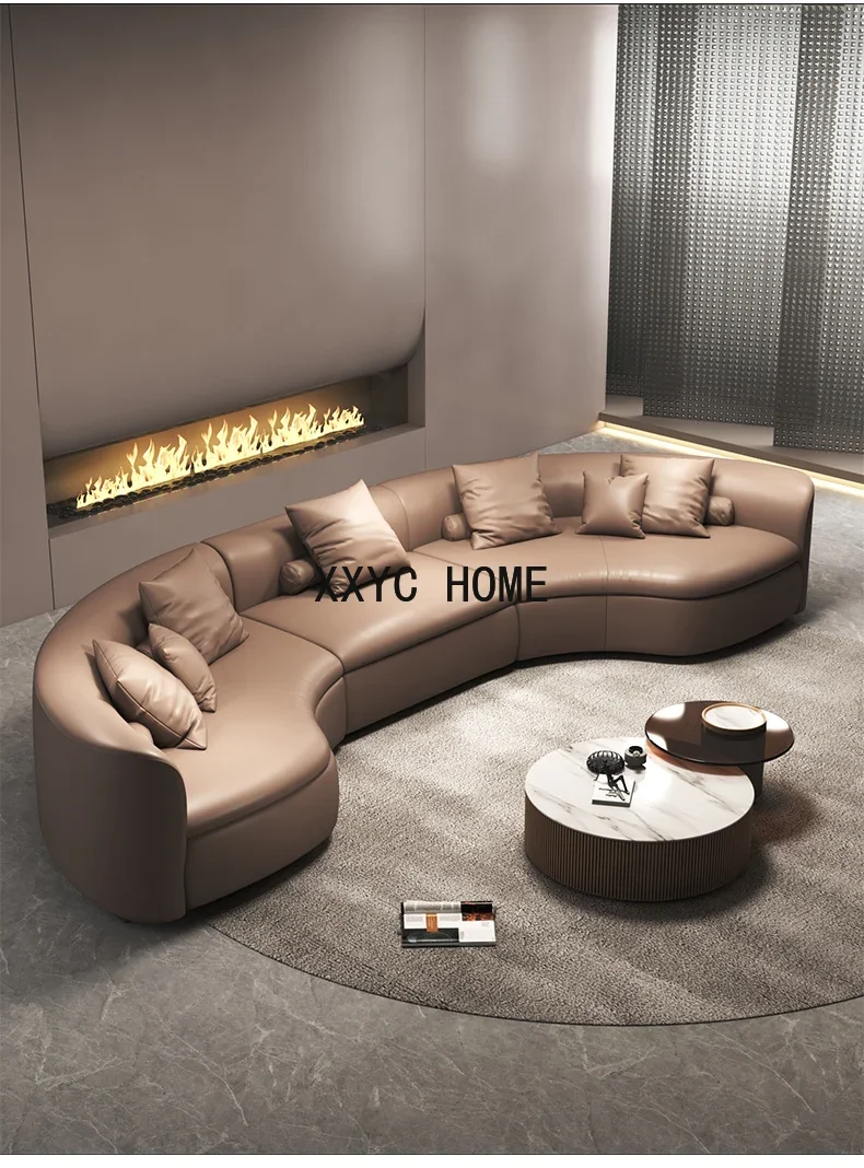 

Italian minimalist light luxury circular curved leather sofa large living room villa luxury abnormity corner cowhide sofa