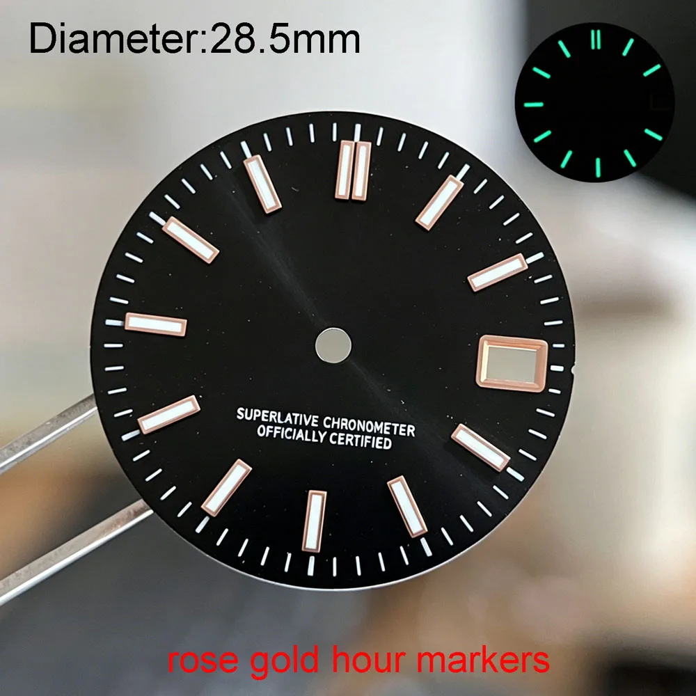 Rose Gold Chocolate Dial NH35 S Logo Dial 28.5mm Date Just S Dial Green Lume Fit Japanese NH35 Automatic Watch Modification Part