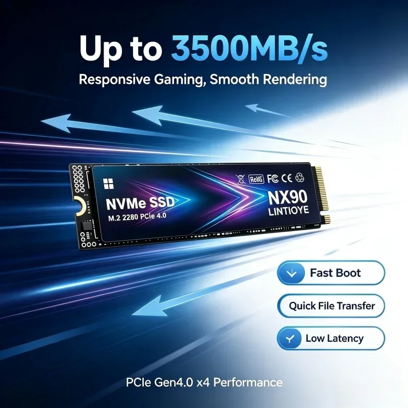 NX90 LINTIOYE M.2 2280 PCIe 4.0 NVMe SSD 500GB/1TB/2TB/4TB, up to 3500MB/s, Solid State Hard Drive Disk for Desktop and Laptop.