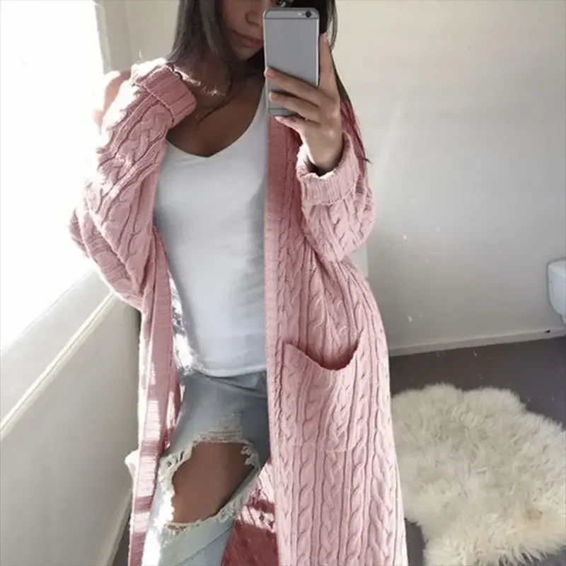 Autumn Winter Vintage Fashion Loose Warm Long Sleeve Pocket Twisted Long Knitwear Outwear Women Knitted Cardigan Sweater Top