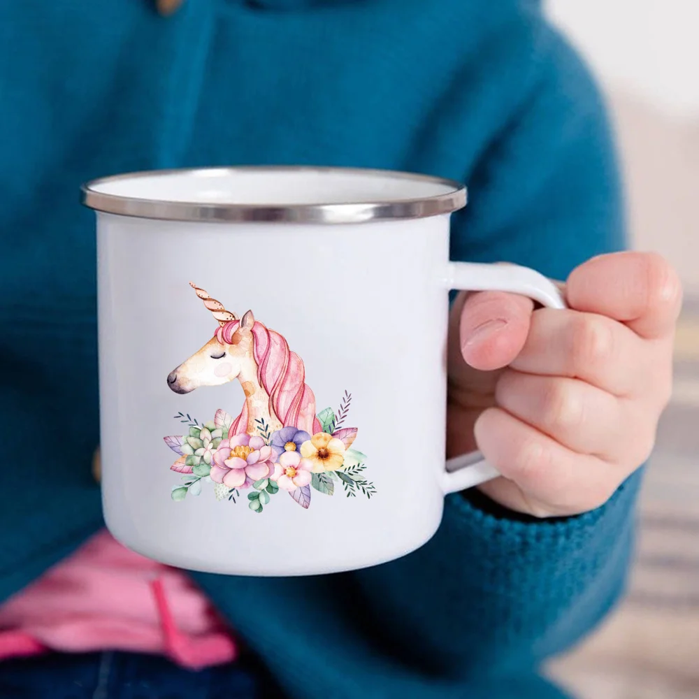 Cartoon Unicorn Printed Creative Mug Water Juice Drinks Milk Cup Enamel Mugs Handle Drinkware Kids Birthday Children\'s Day Gift