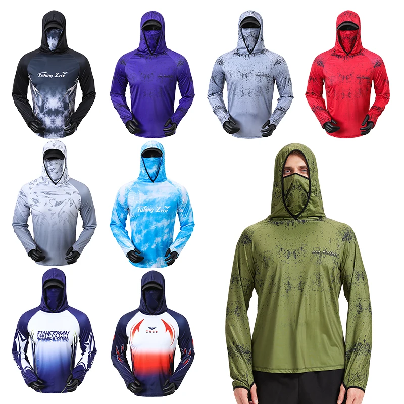 Men's Long Sleeve Fishing Shirt with Mask UV Sun Protection Cooling Quick Dry Neck Leggings Hoodie Swimming Hiking Cycling Top