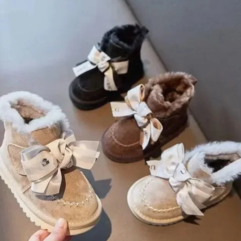 Bowknot Solid Color Children\'s Plush Short Boots Sewing Thread Non Slip Girl Outdoor Round Toe Soft Sole Thick Bottom Shoes