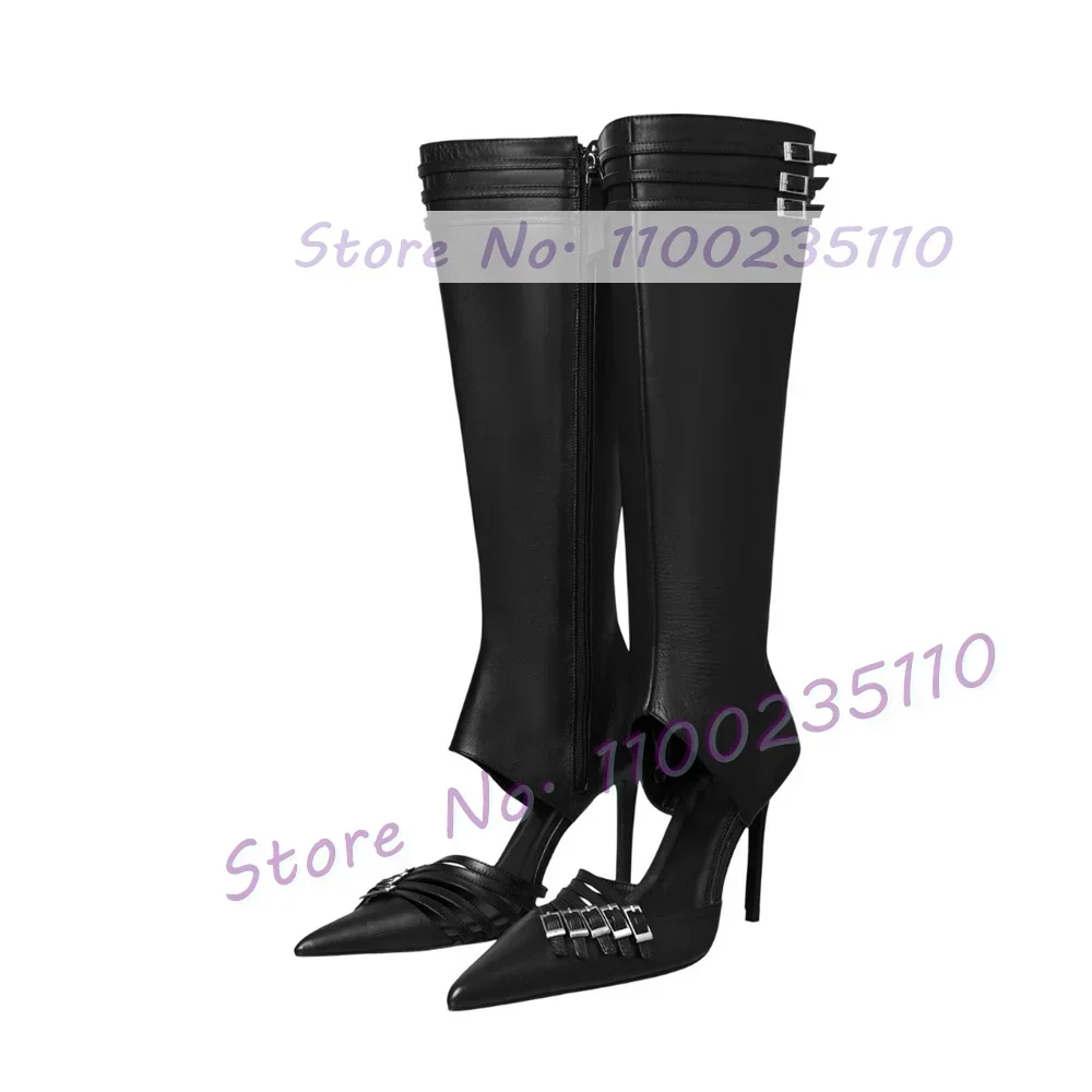 Red Multi Belt Buckles Cutout Knee High Boots Women Chic Gladiator Pointed Toe Sandal Boots Ladies Summer Sexy Puttee Heel Shoes