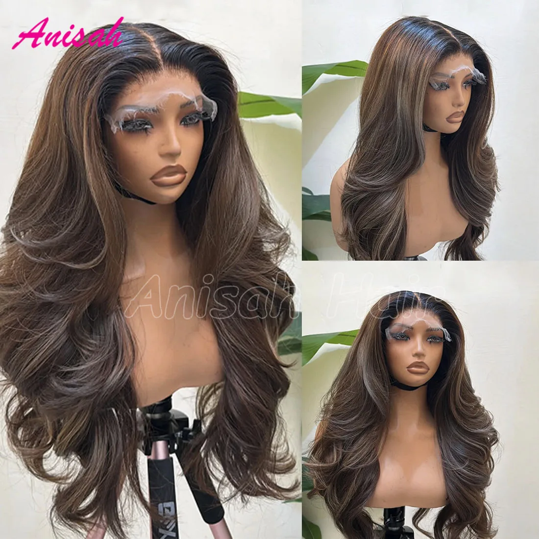 Highlight Dunkelbraun Aschblond mit Dunklem Ansatz Perücke 13x413x6 Transparente Lace Frontal Echthaarperücken Vorgezupft für Frauen