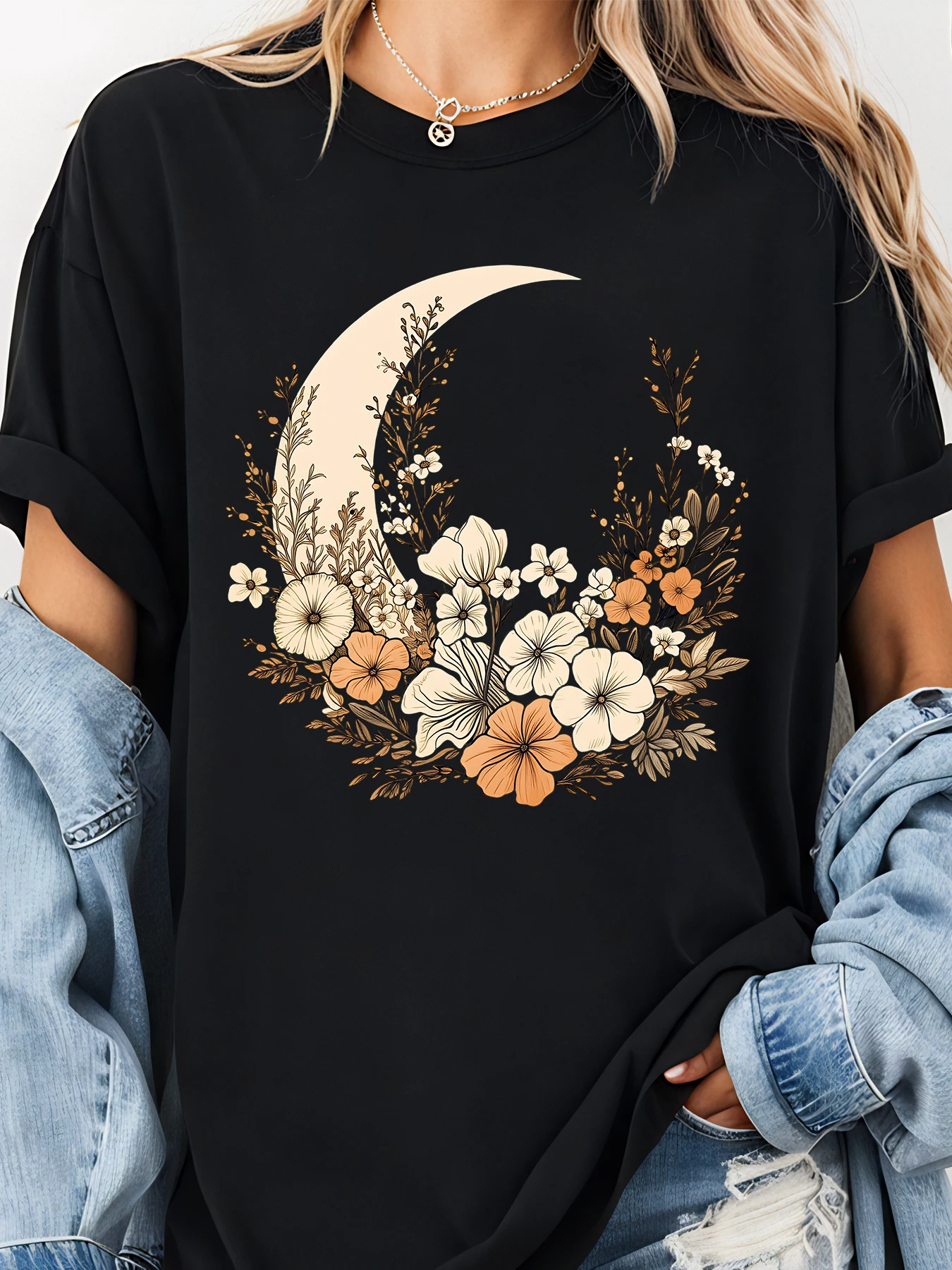 T-shirt oversize con stampa floreale lunare da donna casual streetwear top stile Boho pezzo di dichiarazione di moda
