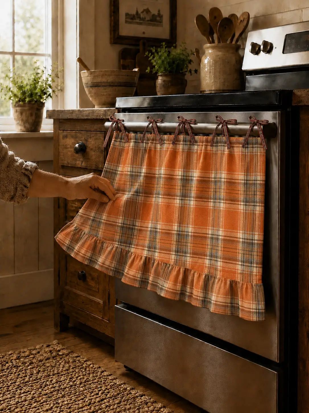Fall Plaid Oven Door Curtain, Vintage Farmhouse Style Warm Orange Brown Polyester Plaid Fabric, Bow Top and Ruffle Hem