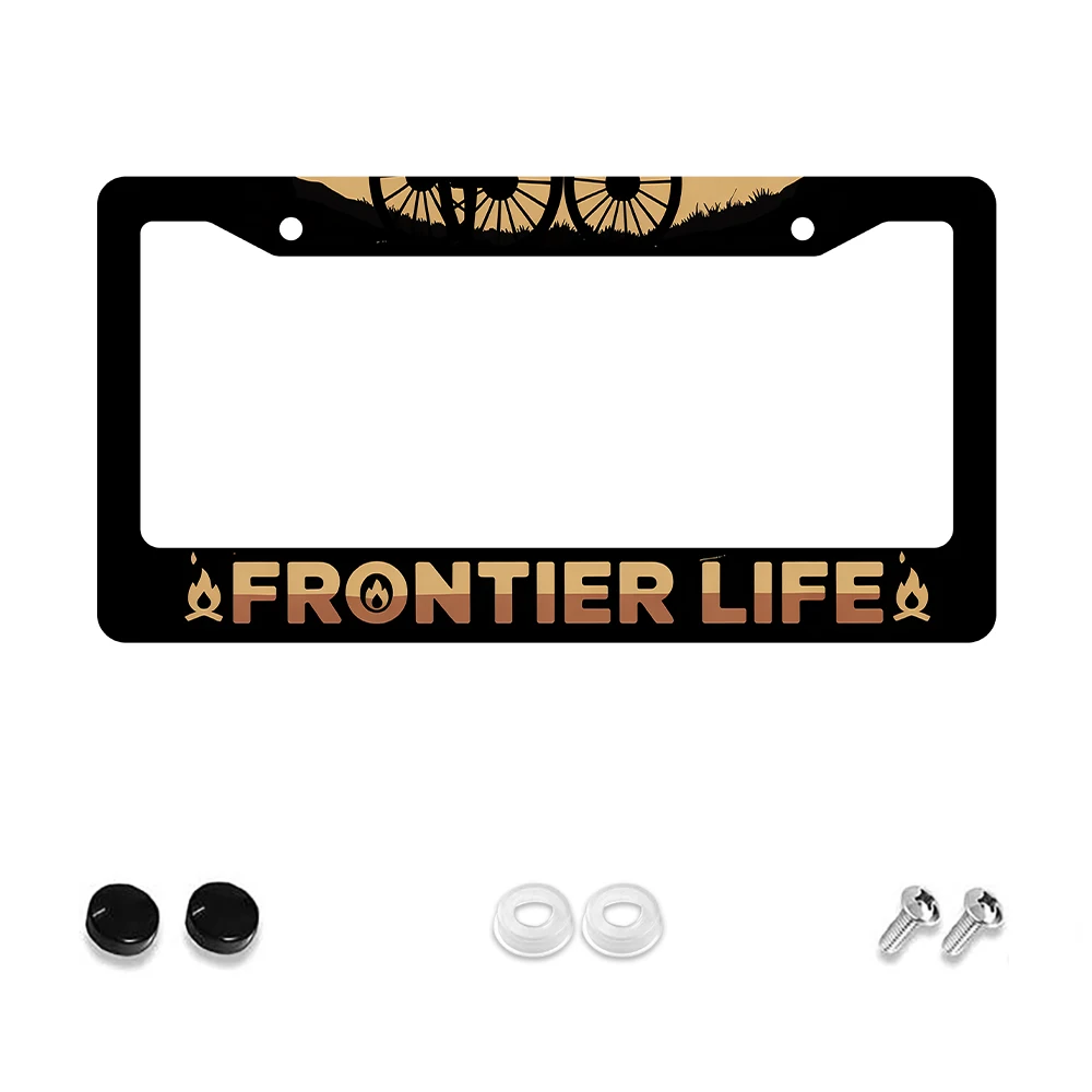 

1pc Black Aluminum 2-Hole License Plate Frame with "Frontier Life" Pattern, 6x12 Inches, Includes Screw Kit, Retro Novelty Car