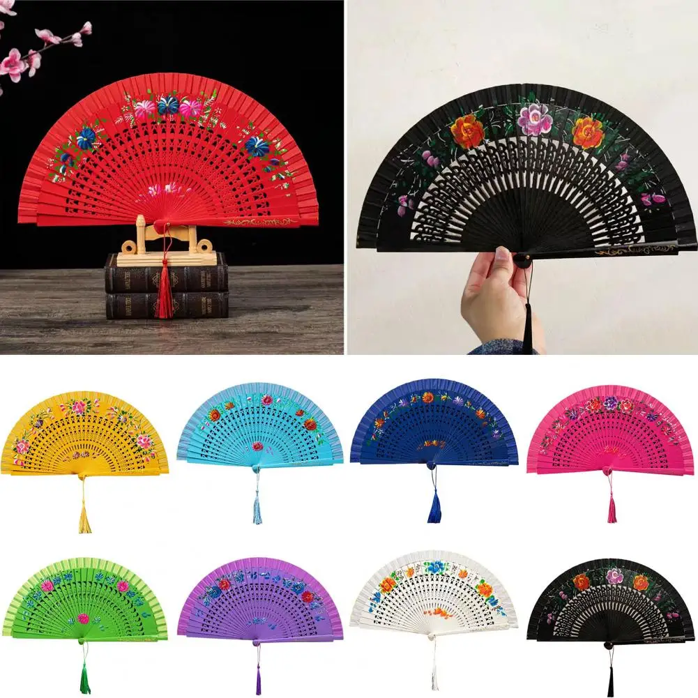 Elegant Folding Fan Summer Handheld Fan Women's Summer Hand Held Fan with Flower Pattern Tassels Double Wooden Ribs for Catwalks