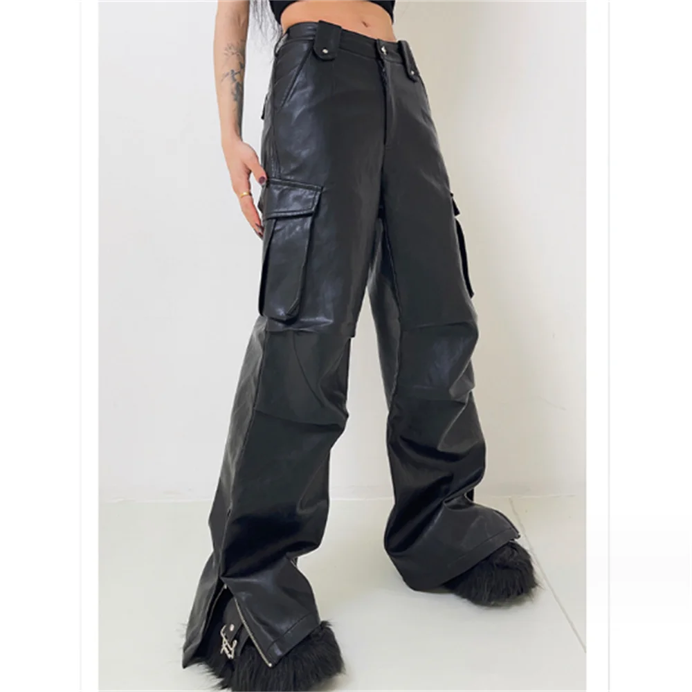 Retro multi-pocket leather trousers men and women dancing wide-legged leather trousers