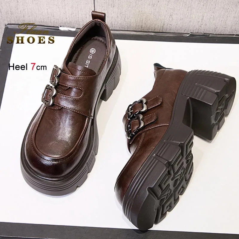 أسود بني منصة سميكة جلد طبيعي النساء أحذية عالية الكعب المتسكعون ربيع الخريف الرجعية تنوعا كعب خشن حذا فردي للسيدات