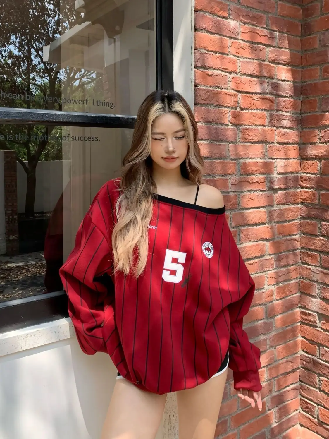 American Ins Striped Printed Jersey Hot Girl Slim Slanted Shoulders Retro Y2K Explosive Round Neck 2024 Autumn Long Sleeves