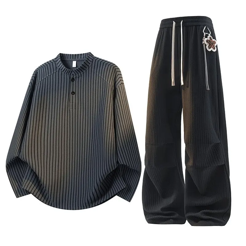 

2026 Spring New Men's Set: Fashionable Long-Sleeve Sweatshirt and Casual Pants, American-Style Striped Sports Two-Piece Set