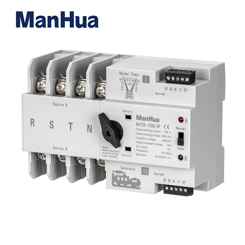

ManHua 100A 220VAC Dual Power MATCS-100E 4P Automatic Transfer Switch PC Type with DIN-Rail Mounting for Electrical Systems