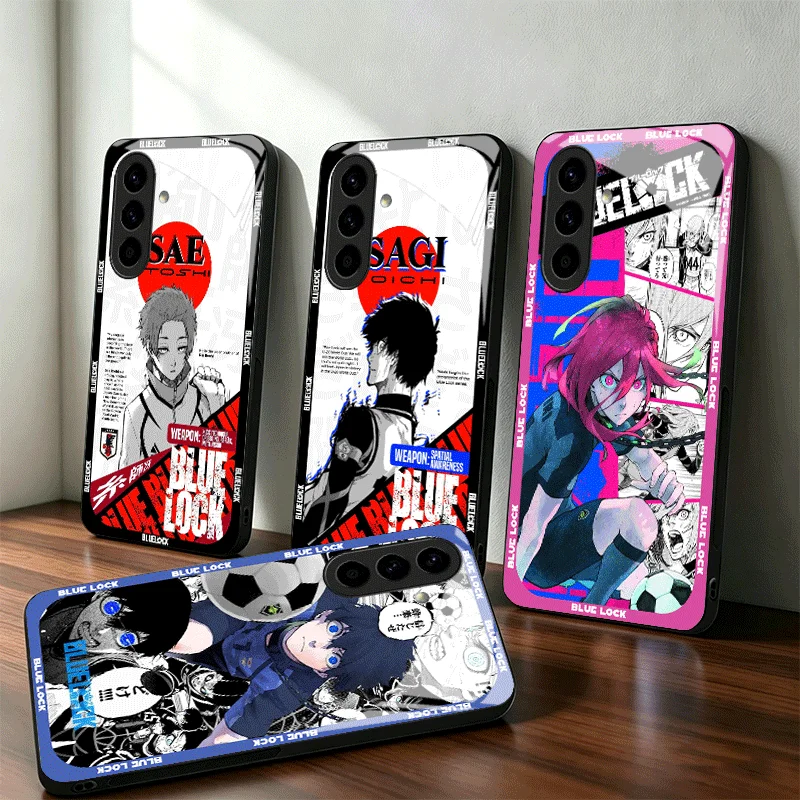 Anime Blue L-Lock Manga Glass Phone Case for Samsung A17 A16 A15 A14 A13 A57 A56 A55 A54 A53 A37 A36 A35 A34 A33 A27 A26 A25 A24