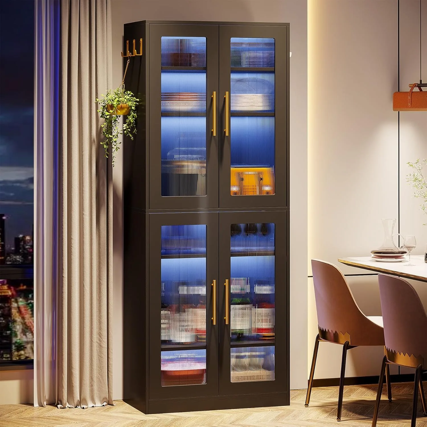 خزانة كتب بأبواب وإضاءة LED، رف كتب بطول 67 بوصة مع أرفف 8 طبقات لغرفة المعيشة والحمام والمكتب والمطبخ