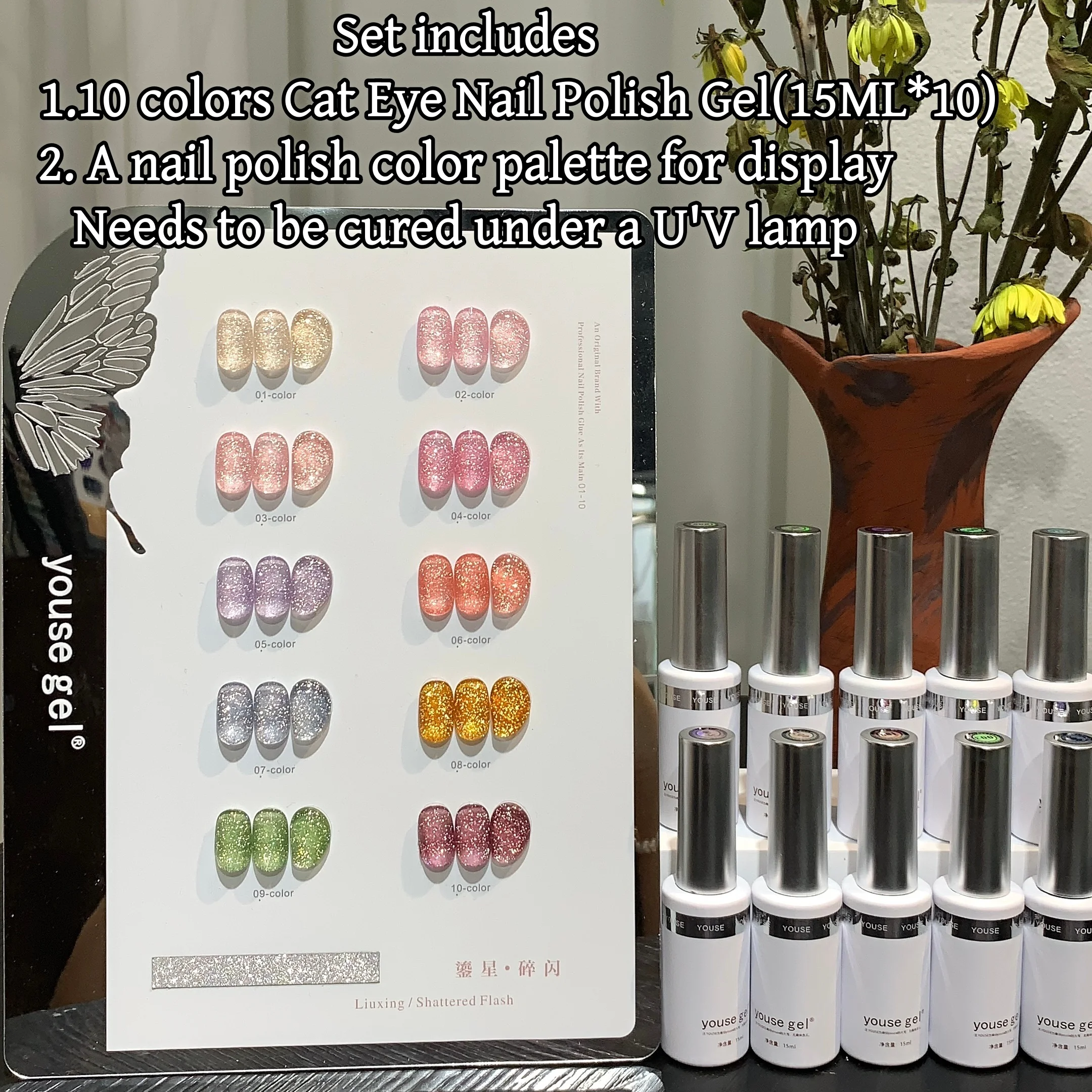 10 Color Glitter Gel Nail Polish Set for Beauty Salons, Includes Color Chart for Display, Perfect for Manicure Effects