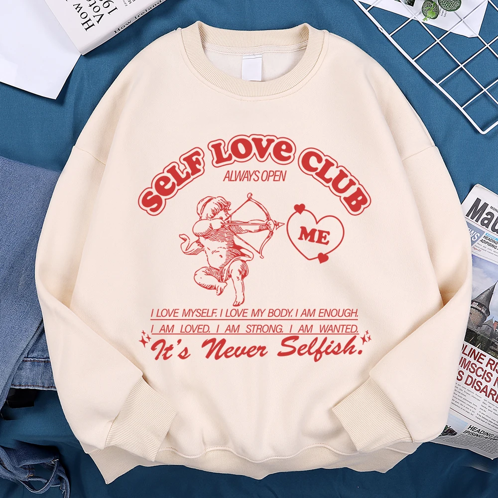 Self Love Club Cupid Print Hoodies Male Cartoons Hip Hop Sportswear Creativity Pullover Hoody Fashion Loose Sweatshirt Women