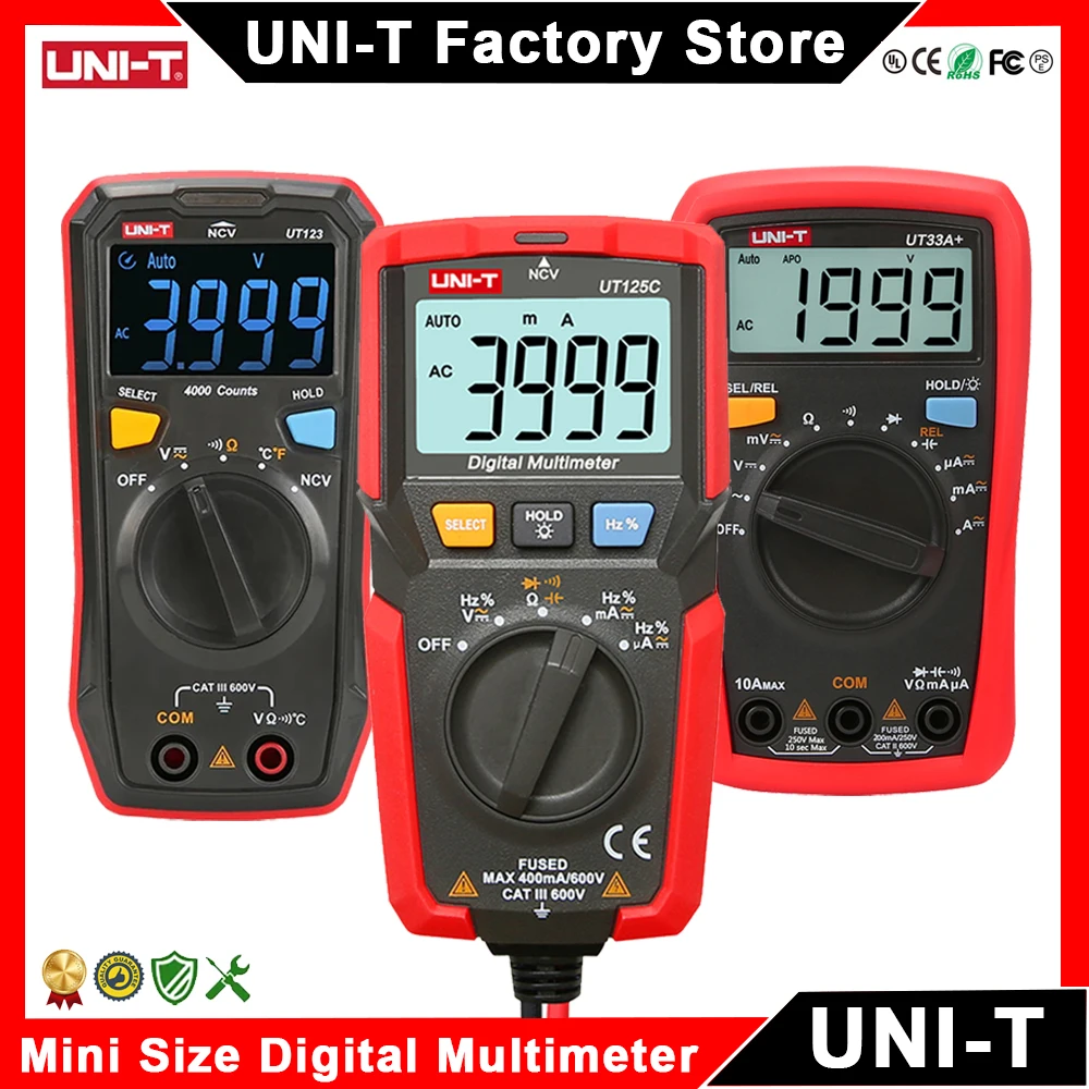 UNI-T مقياس متعدد صغير UT33A + UT33B + UT33C + UT33D + UT120A UT120B UT120C UT123 UT123D UT125C مقياس رقمي متعدد بحجم الجيب