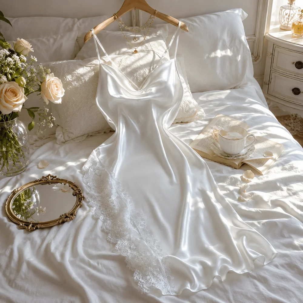 Elegant Split Women Nightgown V Neck Spaghetti Strap Lace Pajama Dress Irregular Beauty-back Satin Silk Nightdress Lady