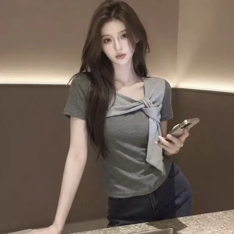New Summer Women's Fitted Slimming Versatile Youthful Korean-style Off-shoulder Strap Short-sleeve T-shirt