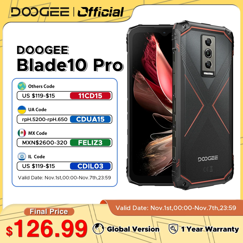 

World Premiere DOOGEE 6.56" Blade10 Pro Rugged Phone 90Hz IPS Display 6GB 256GB Octa Core Android 14 50MP AI Main Camera 5150mAh