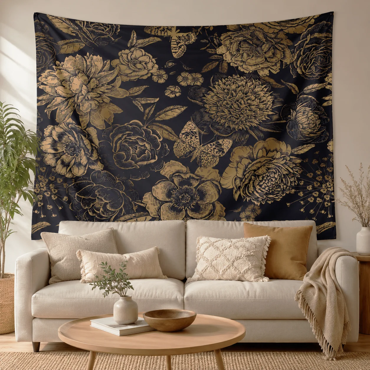 Vintage Black Gold Floral Butterfly Tapestry, Party Photo Backdrop, Live Stream Studio Background
