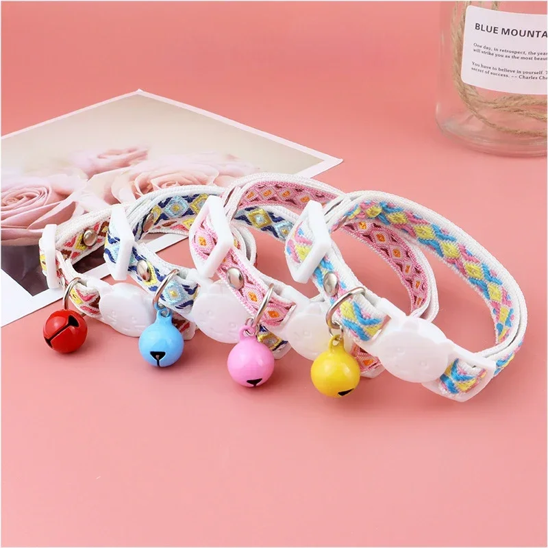 Pet Supplies Cat Collar Collar Cat Face Buckle Ethnic Jacquard Cat Collar with Bell Adjustable Safety Necklace