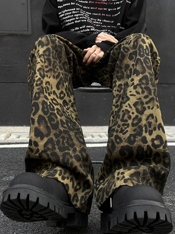 

American Sle Leopard Print Loose Fit Straight Leg Jeans Men's High Street Autumn Casual Design Sensation Pants