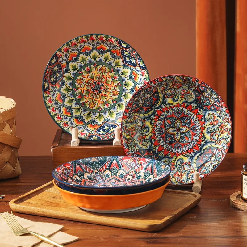 Bohemian Round Plate Mixed Underglaze Color Deep Plate 8 Inch Heat Resistant Dish For Home Restaurant Use