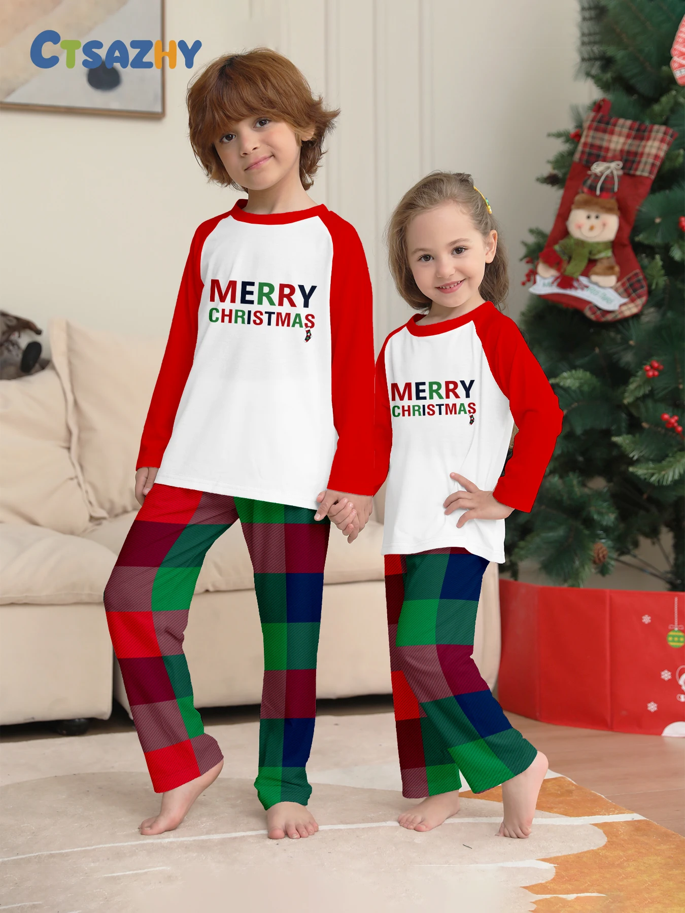 

Повседневный рождественский детский комплект одежды для сна для мальчиков и девочек, красная, зеленая клетчатая пижама с рукавами реглан «ТОРЫЙ Рождество»