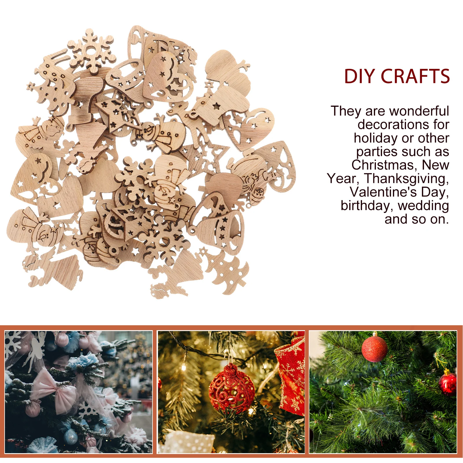 

50Pcs Wooden Decorations Cartoon Cutout Shapes Smooth Surface DIY Craft Embellishments Christmas Tree Pendant Home Party