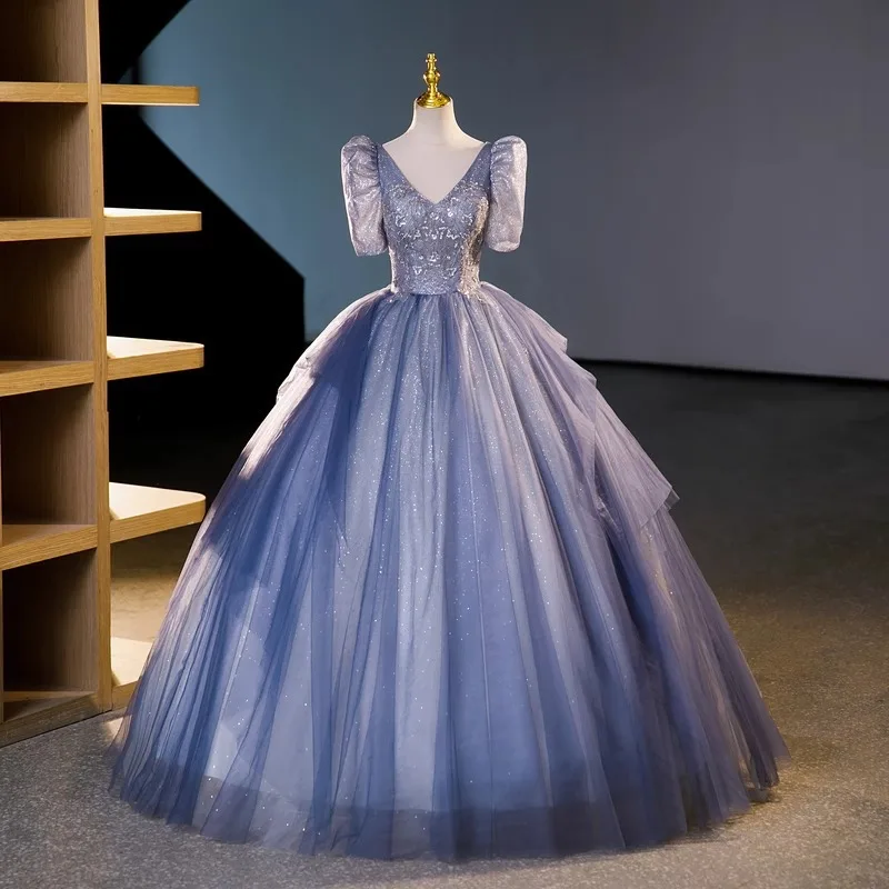 Verão novo longo lantejoulas com decote em v manga princesa grande vestido de noite moda banquete desempenho vocal desempenho arte exame vestido