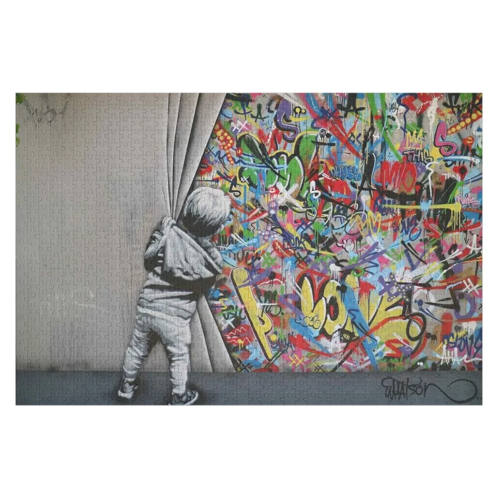 

Деревянный пазл Бэнкси «За занавесом» для детей, персонализированный с именем, детский предмет с индивидуальной надписью, игрушка-пазл для ребенка