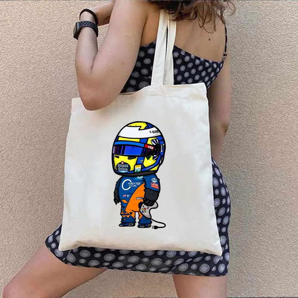 F1 Racer Lando Norris Formula 1 Racing Car Daniel Ricciardo Race Game Helmet Shoulder Canvas Totes Bag Shopper Shopping Handbags