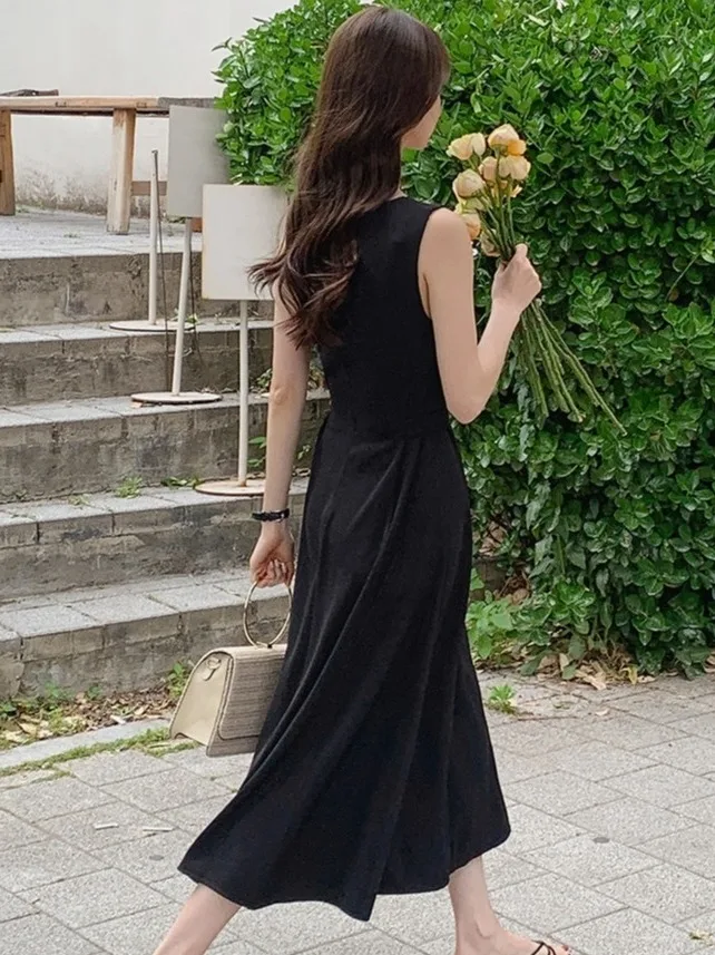 

Ele Bla Vest Dr Women's Summer New Sle Slimming Long Dr Square Collar Waist-Cinching Faionable Casual Wear