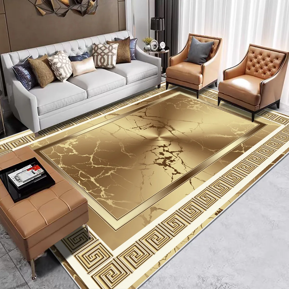 

European Living Room Carpet Decoration Luxury Golden Pattern Floor Mat Non-slip Large Bedroom Bedside Rug Washable Lounge Rug