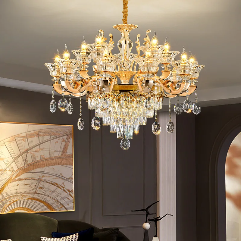 

European Style Light Luxury Crystal Chandelier Luxury Glass Lampshade Dining Room Bedroom Golden Lamp Living Room High Ceiling