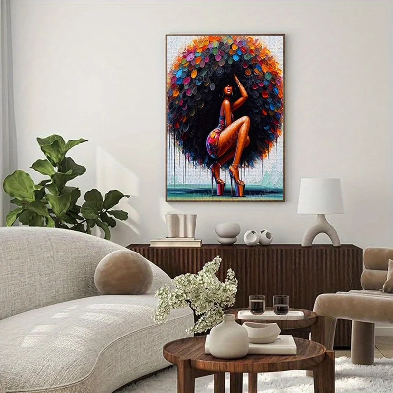 1000ピースのアフリカ系アメリカ人女性パズル、ふわふわの巻き毛とハイヒールをあしらった鮮やかな抽象画、高品質の厚紙素材