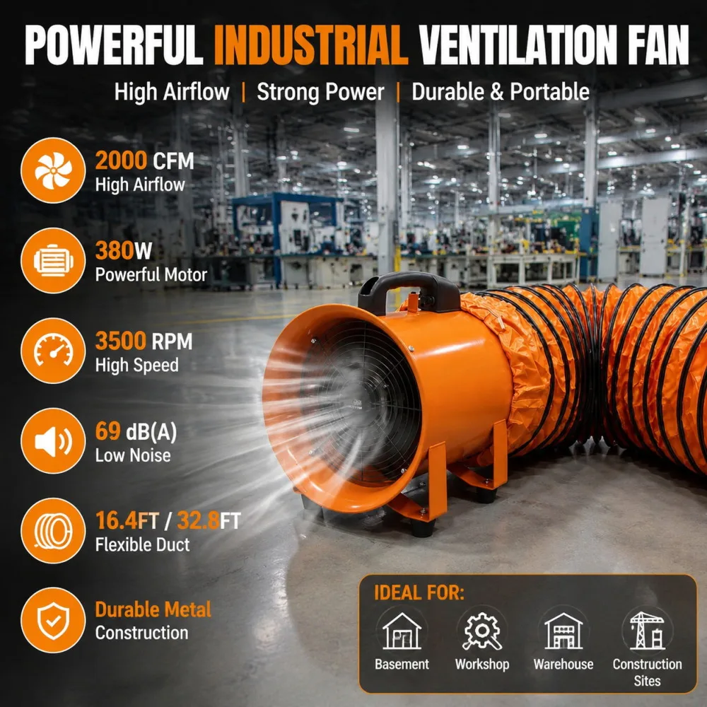 Portable Air Mover Blower Fan Industrial Ventilation Exhaust Fan with Flexible PVC Duct 2000CFM 3500RPM High Power Ventilator for Basement Workshop Warehouse Confined Space