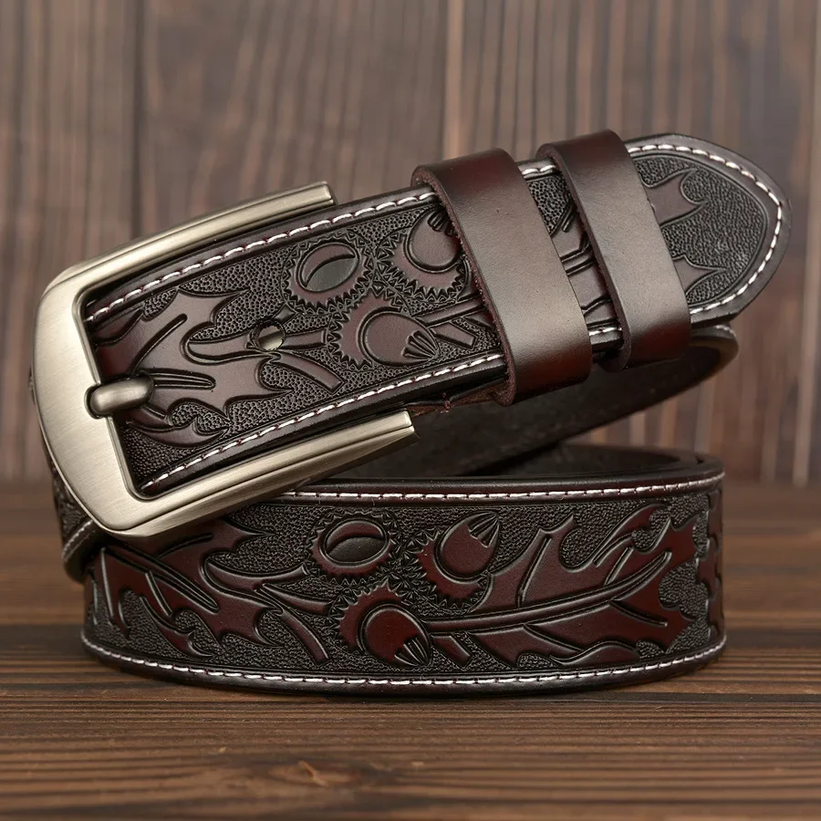 3.8CM Male Belt For Jeans High Quality Cow Genuine Leather Belts Hot Sale Print Pattern Strap Designer Fashion Pin Buckle Strap