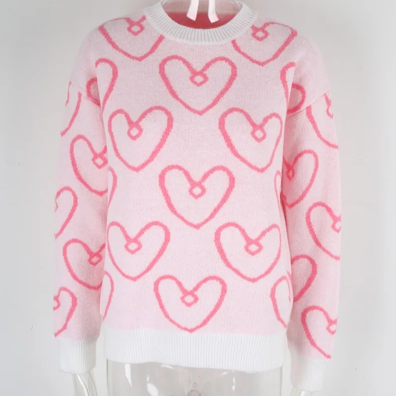 Pull à manches longues et col rond pour femme, pull décontracté à motif de cœur, ample, quotidien, rue, automne hiver, 2025