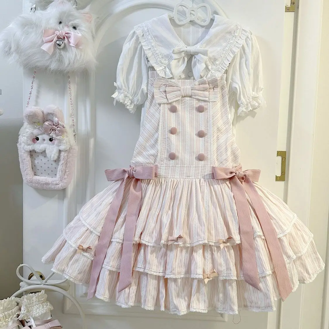 Coalfell Original Lolita Gonna con cinturino carino a righe al cioccolato Abito estivo Jsk in cotone a tre strati