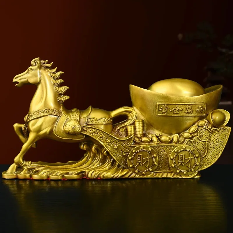 

Pure Copper Wealth Brass Horse Cart Horse with Treasure Cart Statue for Home