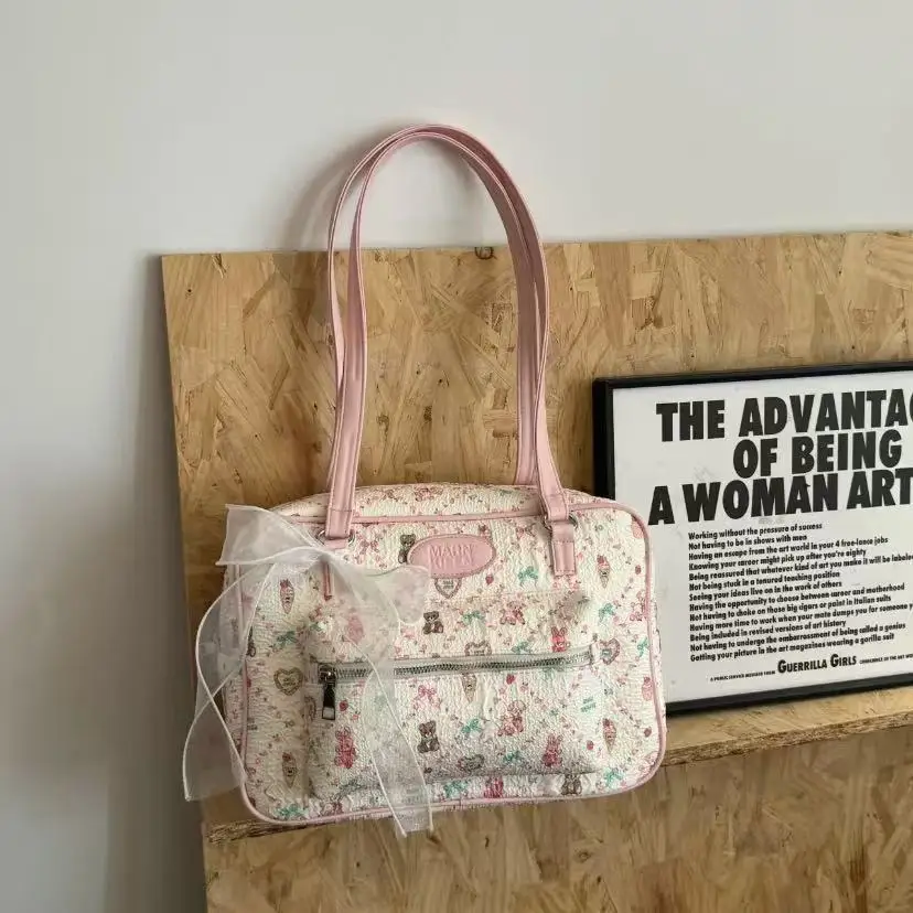 

Korean Sweet Cute Bear Tote Bag Women Cartoon Square Large Capacity Shoulder Bag Ladies Diamond Pattern Commuter Crossbody Bags